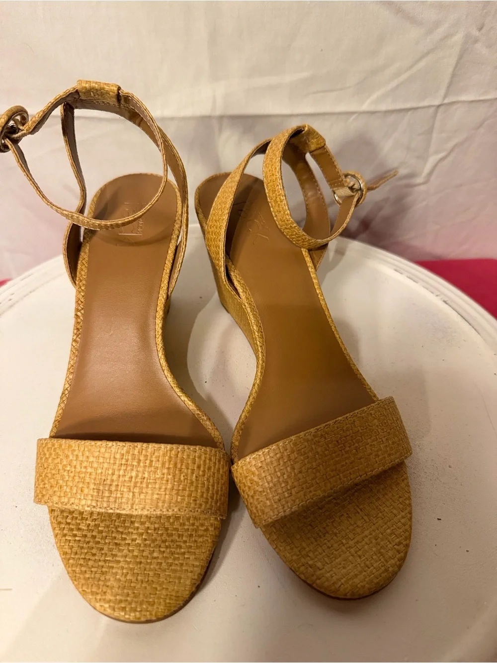 Woven Ankle-Strap Wedge Sandals in Tan